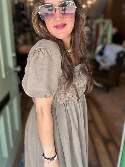SMOCKED SHORT PUFF SLEEVE MINI DRESS