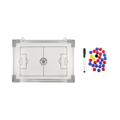 Soccer coach tactic whiteboard featuring a pitch layout, a dry-erase marker, and colorful magnetic player markers on a green background.