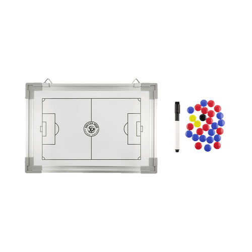 Soccer coach tactic whiteboard featuring a pitch layout, a dry-erase marker, and colorful magnetic player markers on a green background.