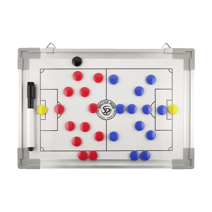 A magnetic soccer tactical whiteboard featuring red and blue player magnets, yellow goalkeeper magnets, and a dry-erase marker on a white field diagram.