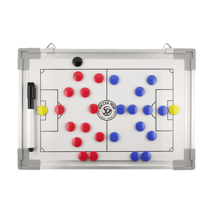 A magnetic soccer tactical whiteboard featuring red and blue player magnets, yellow goalkeeper magnets, and a dry-erase marker on a white field diagram.