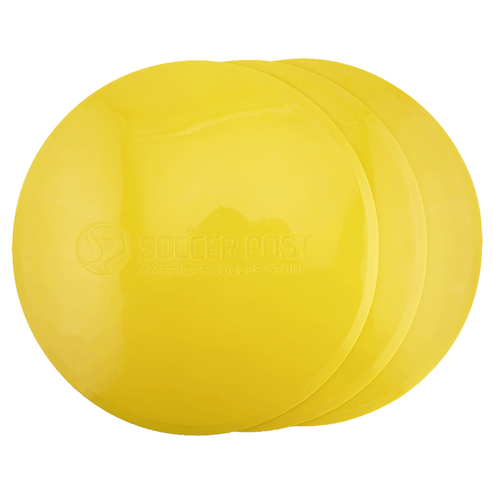 A stack of three yellow flat disc training markers with an embossed Soccer Post logo.
