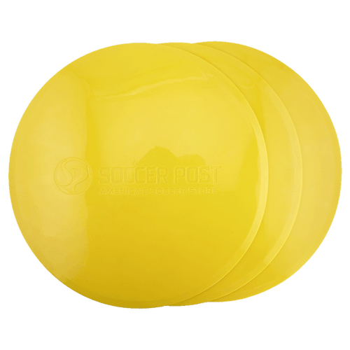 A stack of three yellow flat disc training markers with an embossed Soccer Post logo.