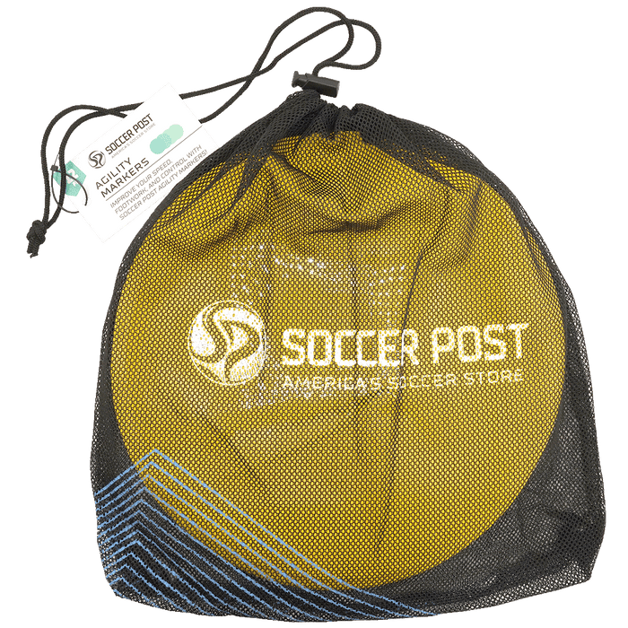 Black mesh drawstring bag containing yellow disc agility markers, featuring the Soccer Post logo and a blue chevron pattern.