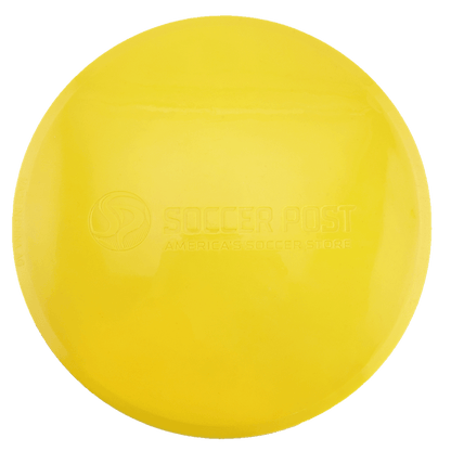 A yellow, circular soccer field marker embossed with the Soccer Post logo and the text "America's Soccer Store" in the center.