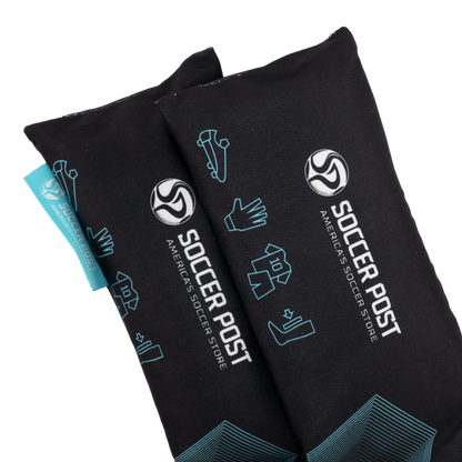 Two black Soccer Post Freshener Inserts featuring white "SOCCER POST" branding and blue graphic icons of soccer equipment including a cleat, goalie glove, jersey, and shin guard.