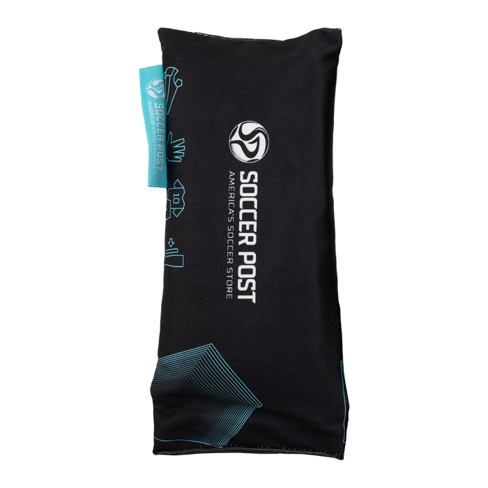 A pair of Soccer Post Freshener Inserts featuring a black fabric pouch printed with a white "Soccer Post" logo and light blue icons of soccer gear. A matching light blue brand tag is attached to the side.