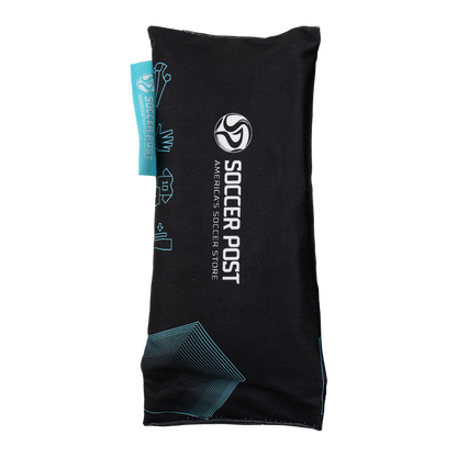 A pair of Soccer Post Freshener Inserts featuring a black fabric pouch printed with a white "Soccer Post" logo and light blue icons of soccer gear. A matching light blue brand tag is attached to the side.