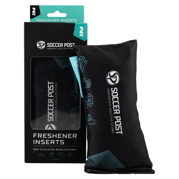 A black and teal retail package and a fabric pouch of Soccer Post Freshener Inserts, used for odor control in shoes and sports gear.