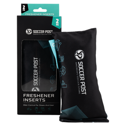 A black and teal retail package and a fabric pouch of Soccer Post Freshener Inserts, used for odor control in shoes and sports gear.