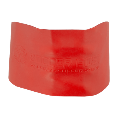 A wide, red Soccer Post Lace Lock Band featuring an embossed brand logo and the text "Soccer Post America's Soccer Store."