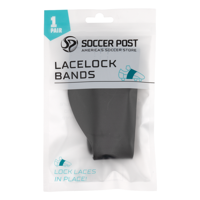 A pair of black Soccer Post Lace Lock Bands in their original white, semi-transparent plastic packaging. The bag features the Soccer Post logo, the product name in bold black text, and a teal label that reads "1 PAIR." A small graphic shows how the band fits around a soccer cleat to keep laces in place.