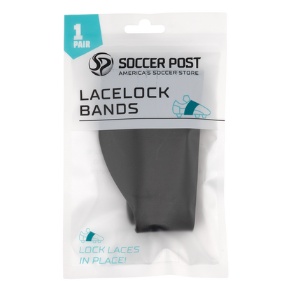 A pair of black Soccer Post Lace Lock Bands in their original white, semi-transparent plastic packaging. The bag features the Soccer Post logo, the product name in bold black text, and a teal label that reads "1 PAIR." A small graphic shows how the band fits around a soccer cleat to keep laces in place.