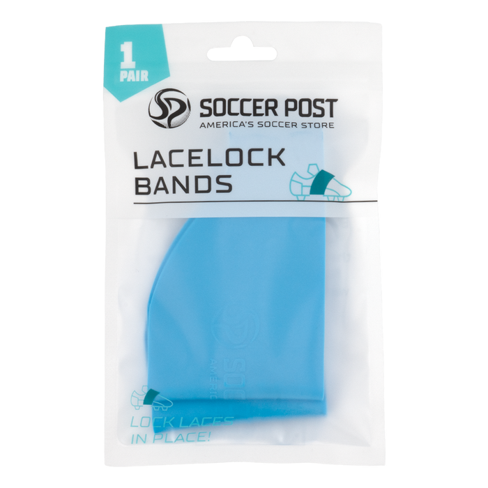 A retail package containing a pair of light blue Soccer Post Lace Lock Bands.