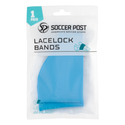 A retail package containing a pair of light blue Soccer Post Lace Lock Bands.