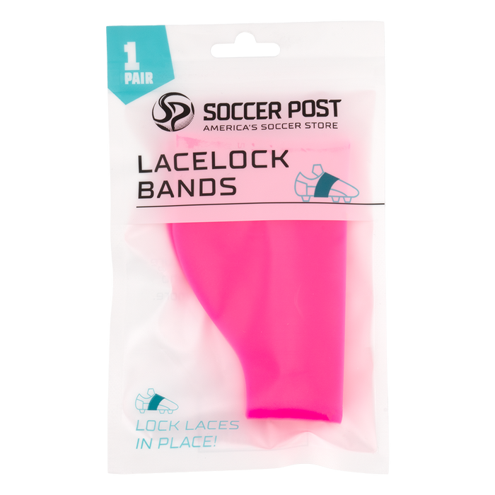 A retail package of one pair of bright pink Soccer Post Lace Lock Bands, featuring a diagram showing how the bands wrap around a soccer cleat to lock laces in place.