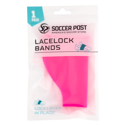 A retail package of one pair of bright pink Soccer Post Lace Lock Bands, featuring a diagram showing how the bands wrap around a soccer cleat to lock laces in place.