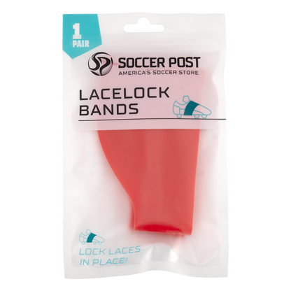 A 1-pair pack of red Soccer Post Lace Lock Bands in a clear and white plastic package. The bands are designed to be worn over soccer cleats to keep laces securely tied during play.