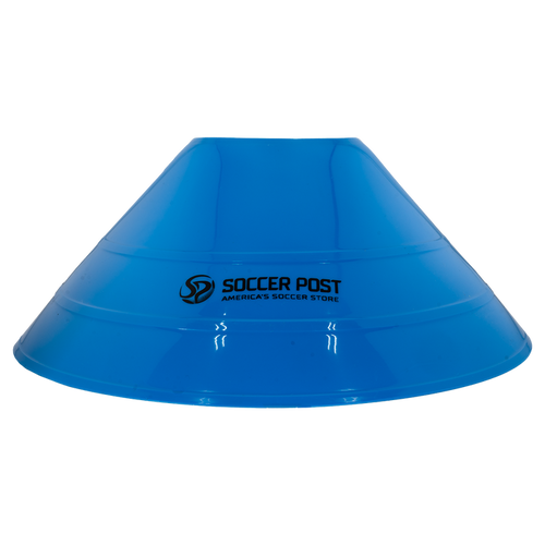 A bright blue Soccer Post Large Training Cone featuring the black Soccer Post logo and the slogan "America's Soccer Store" on its side. This item is from the Soccer Post Large Training Cones (12 pk) set.