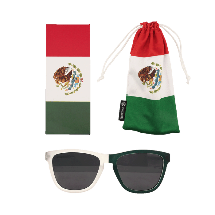 A Mexico-themed sunglasses set featuring a pair of sunglasses with one white and one green frame, a matching rectangular box, and a drawstring pouch, all decorated with the colors and emblem of the Mexican flag.
