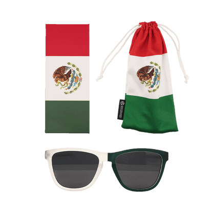 A Mexico-themed sunglasses set featuring a pair of sunglasses with one white and one green frame, a matching rectangular box, and a drawstring pouch, all decorated with the colors and emblem of the Mexican flag.