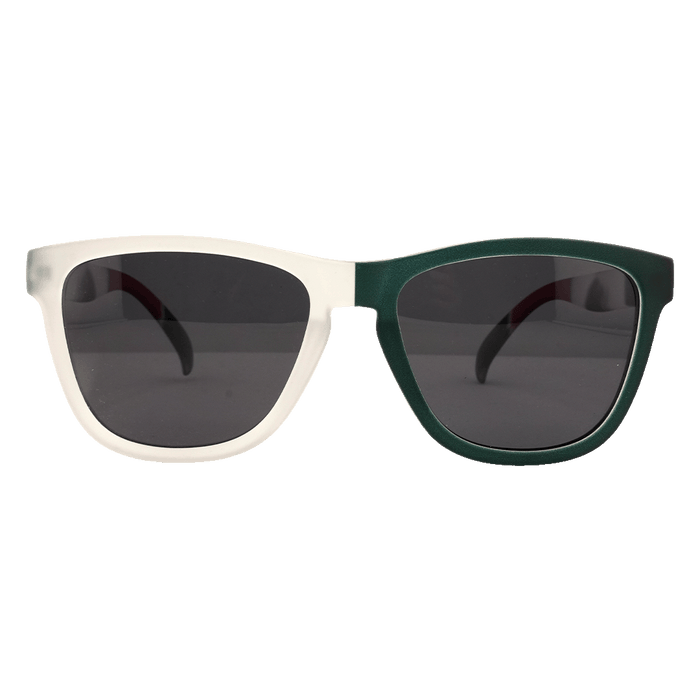 A pair of Wayfarer-style sunglasses with a split-color frame: the left side is frosted white, and the right side is dark green. The lenses are dark grey.