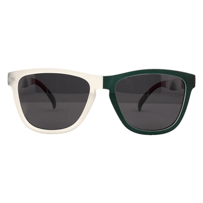 A pair of Wayfarer-style sunglasses with a split-color frame: the left side is frosted white, and the right side is dark green. The lenses are dark grey.