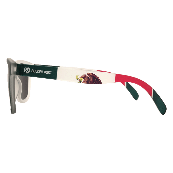 A side profile of sunglasses featuring temples decorated with the Mexican flag colors and symbols, including the "Soccer Post" logo and the Mexican coat of arms.