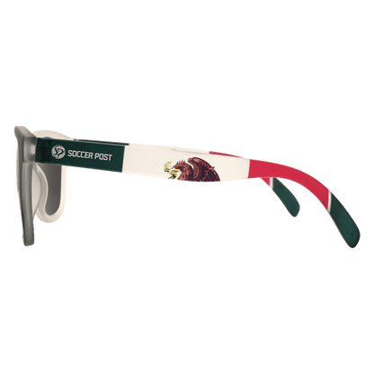 A side profile of sunglasses featuring temples decorated with the Mexican flag colors and symbols, including the "Soccer Post" logo and the Mexican coat of arms.