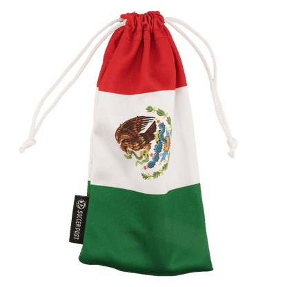 A fabric drawstring pouch featuring the horizontal stripes and coat of arms of the Mexican flag. A small black "Soccer Post" brand tag is attached to the left side.
