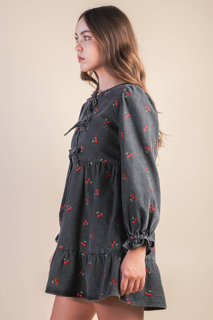 Soft Washed Denim Printed Casual Mini Dress