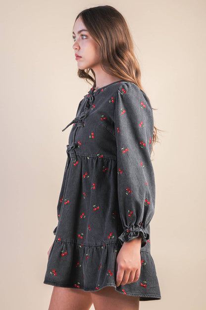 Soft Washed Denim Printed Casual Mini Dress