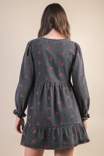 Soft Washed Denim Printed Casual Mini Dress