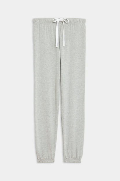 Front flat view of light grey sweatpant jogger with white drawstring