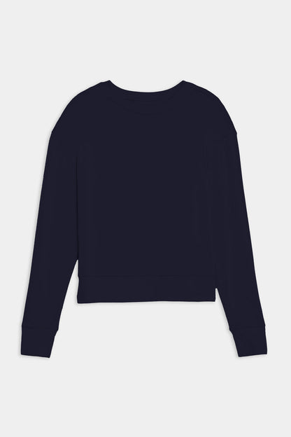 The SPLITS59 Sonja Fleece Sweatshirt in indigo, a long-sleeve crewneck pullover crafted from ultra luxe fleece, is shown laid flat from the back on a white background. MADE IN LOS ANGELES.