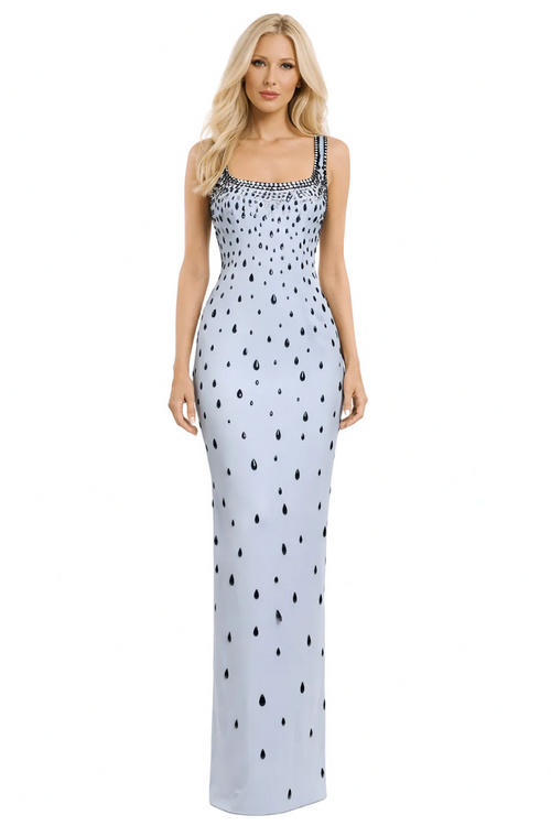 square-neck column dress with crystal embellishments – AUSARA