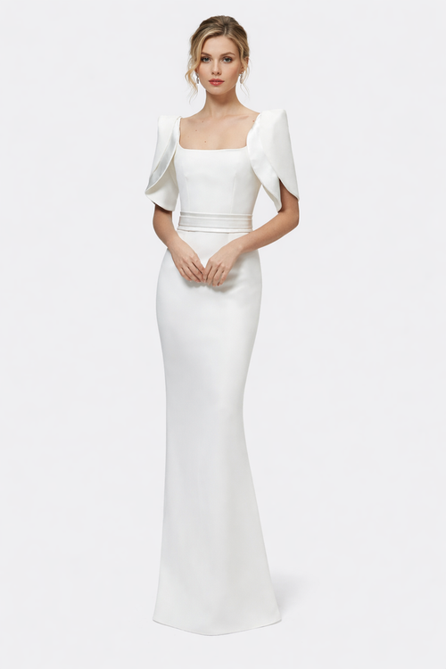 square-neck column gown with sculpted cape sleeves – GRACEL