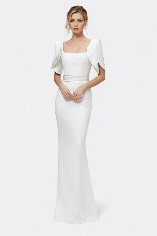 square-neck column gown with sculpted cape sleeves – GRACEL