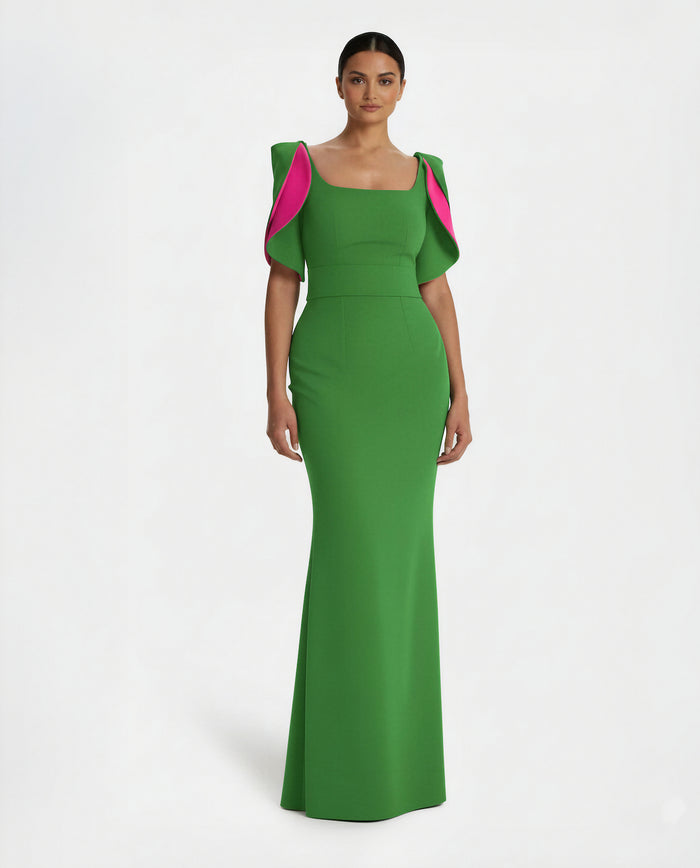 square-neck gown with contrast petal sleeves – EDEN-1