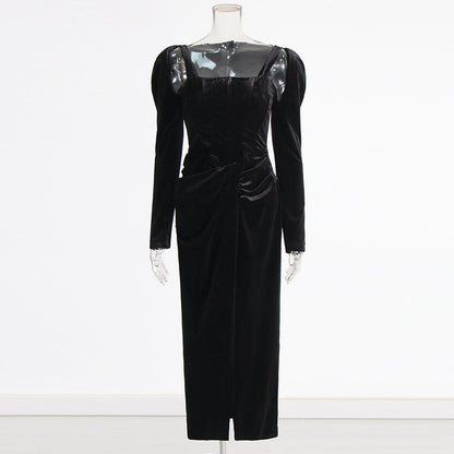 square-neck velvet midi dress with draped waist – ELEGANCE