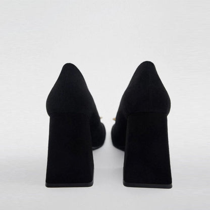 square-toe block heel pumps with gold sculpted ornament – HUSSEIN