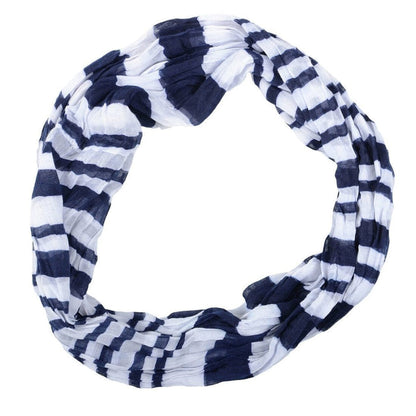 blue and white stripe infinity scarf on white background flat lay