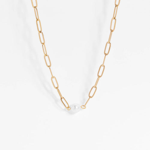Stainless Steel / Gold Paperclip Necklace With Pearl