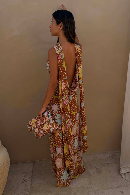 Brown Star Fawn Sophie Dress with sun motifs, a draped low back and multi-wear detachable scarf with a matching clutch.