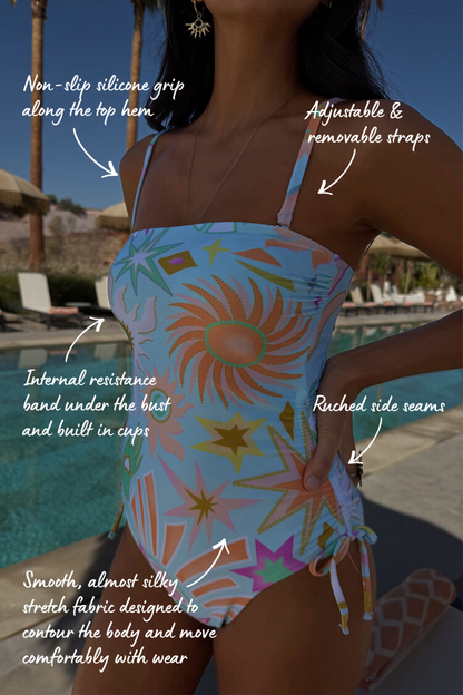 Blue Starburst Bandeau Swimsuit with annotations highlighting adjustable straps, built-in cups and ruched side seams.