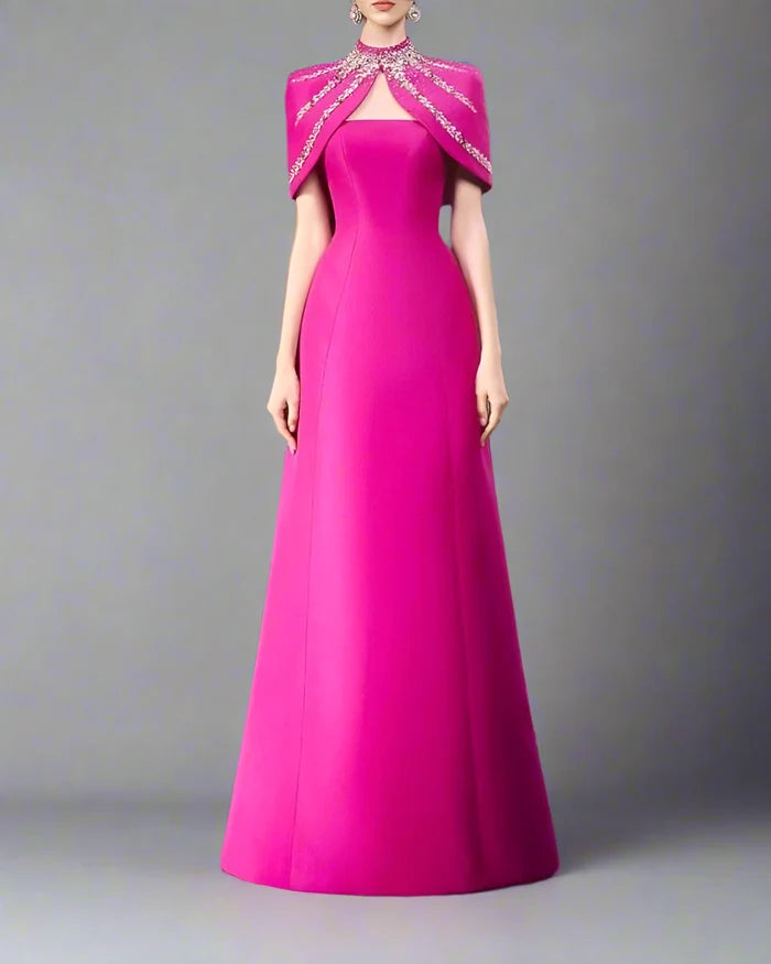 Strapless A-line dress with embellished shoulder cape - SERENA-1