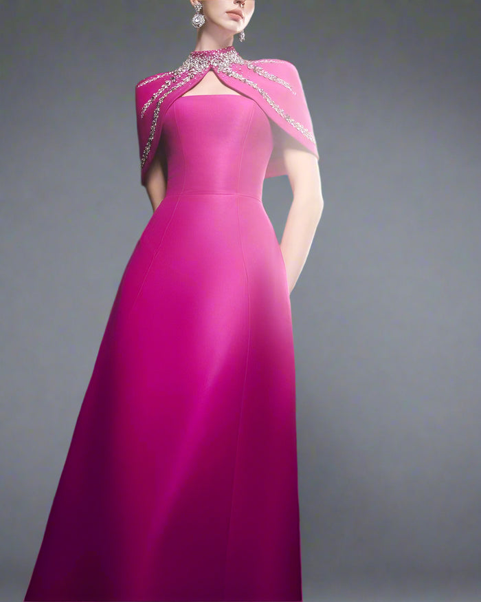 Strapless A-line dress with embellished shoulder cape - SERENA-1