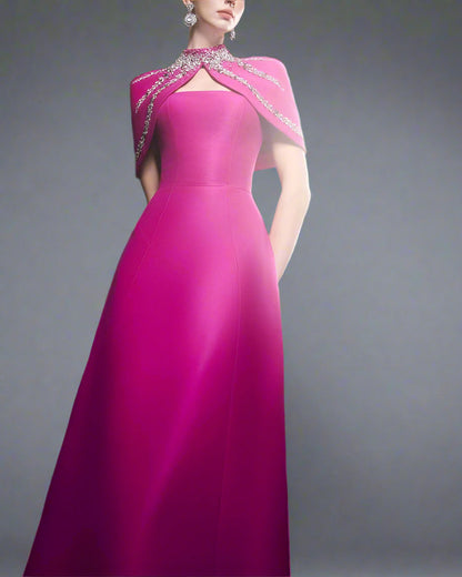 Strapless A-line dress with embellished shoulder cape - SERENA-1