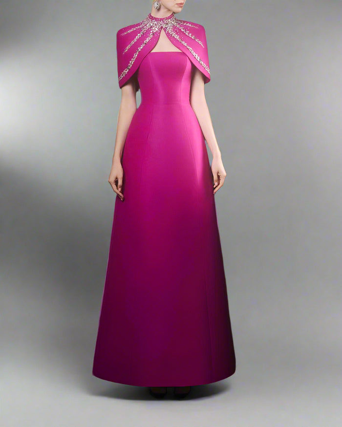 Strapless A-line dress with embellished shoulder cape - SERENA-1