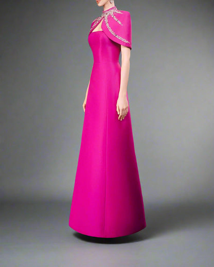 Strapless A-line dress with embellished shoulder cape - SERENA-1